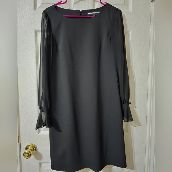 Karl Lagerfield Black Crepe Sheath Mini Dress, Sheer Chiffon Slit Sleeves, EUC! - Picture 1 of 13